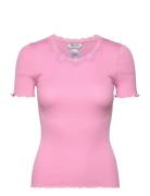 Rwbeatha Silk Ss Lace T-Shirt Pink Rosemunde