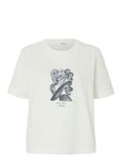 Slfessential Ss Boxy Printed Ink Tee Cream Selected