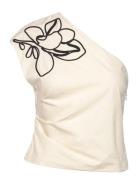 Asymmetrical Flower-Embroidered Top Beige Mango