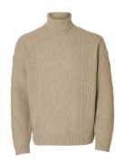 Slhneil Ls Knit Relaxed Cable Roll Neck Beige Selected