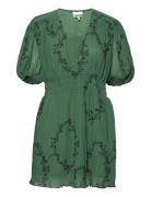 Pleated Georgette V-Neck Smock Mini Dress Kort Kjole Green Ganni