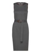 Faux-Leather-Trim Belted Jacquard Dress Knelang Kjole Grey Lauren Ralp...
