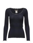 Silk T-Shirt W/ Lace Tops T-shirts & Tops Long-sleeved Navy Rosemunde