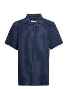 Box Fit Short Sleeved Striped Linen Tops Shirts Short-sleeved Navy Kno...