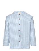 Seersucker Shirt W. Placket Tops Shirts Long-sleeved Shirts Blue Copen...