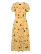 Floral Georgette Puff-Sleeve Midi Dress Knelang Kjole Yellow Lauren Ra...