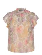 Floral Ruffle-Trim Georgette Blouse Tops Blouses Short-sleeved Pink La...