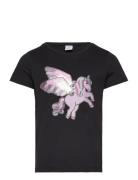 Top S S Unicorn Print And Sequ Tops T-shirts Short-sleeved Black Linde...