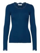 Silk T-Shirt W/ Lace Tops T-shirts & Tops Long-sleeved Blue Rosemunde
