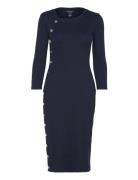 Button-Trim Rib-Knit Cotton-Blend Dress Knelang Kjole Navy Lauren Ralp...