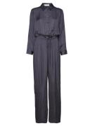 Long Satin Shirt Jumpsuit Bottoms Jumpsuits Blue Mango