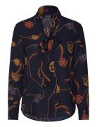 Belting-Print Georgette Tie-Neck Blouse Tops Blouses Long-sleeved Navy...
