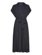 Polka-Dot Belted Crepe Dress Knelang Kjole Navy Lauren Ralph Lauren