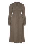 V-Neck Cotton Smock Dress Knelang Kjole Brown Bubbleroom