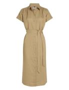 Ess Linen S/S Midi Shirt Dress Knelang Kjole Beige Tommy Hilfiger