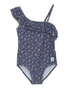 Swimsuit 1 Shoulder Frill, Aop Badedrakt Badetøy Navy Color Kids