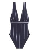 Lrl Villa Stripe Banded V-Neck Swim Badedrakt Badetøy Navy Lauren Ralp...