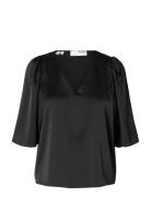 Slflena 2/4 V-Neck Top D2 Tops Blouses Short-sleeved Black Selected