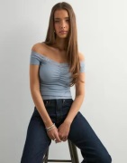 Nelly - Blå - Rib Lace Off Shoulder Top